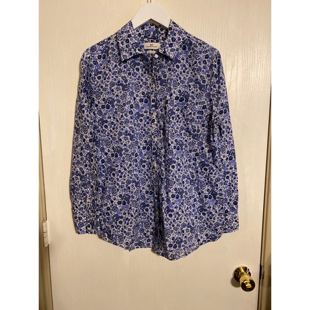 Vineyard Vines Relaxed Fit Blue Floral Cotton Button Down Shirt Womens 8 0759